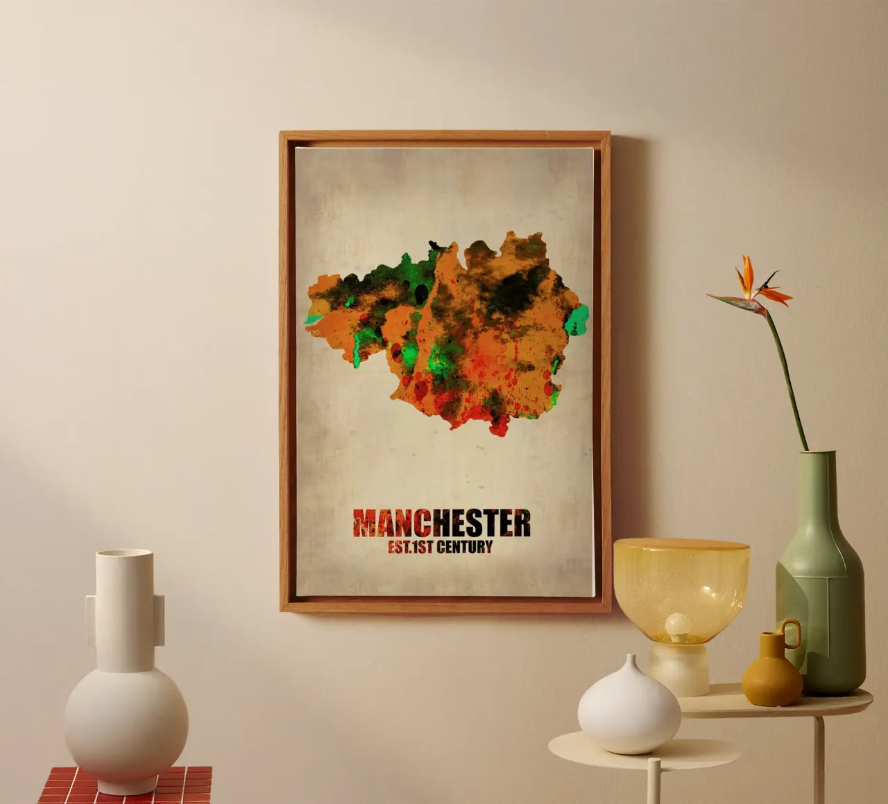 Manchester Watercolor Map tela con Cornice a cassetta da Naxart