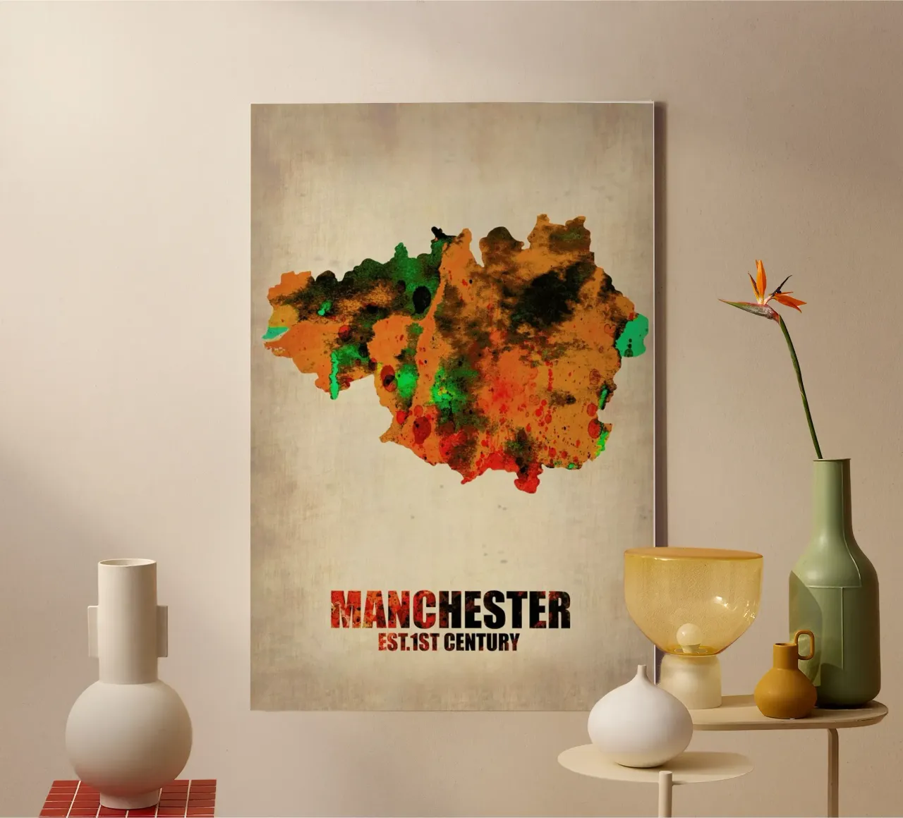 Manchester Watercolor Map tela con Cornice a cassetta da Naxart