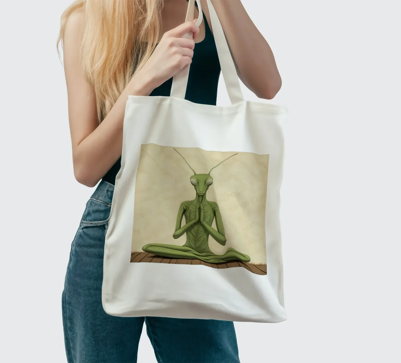 Green Praying Mantis 3 tote bag by Minimal Animal Art