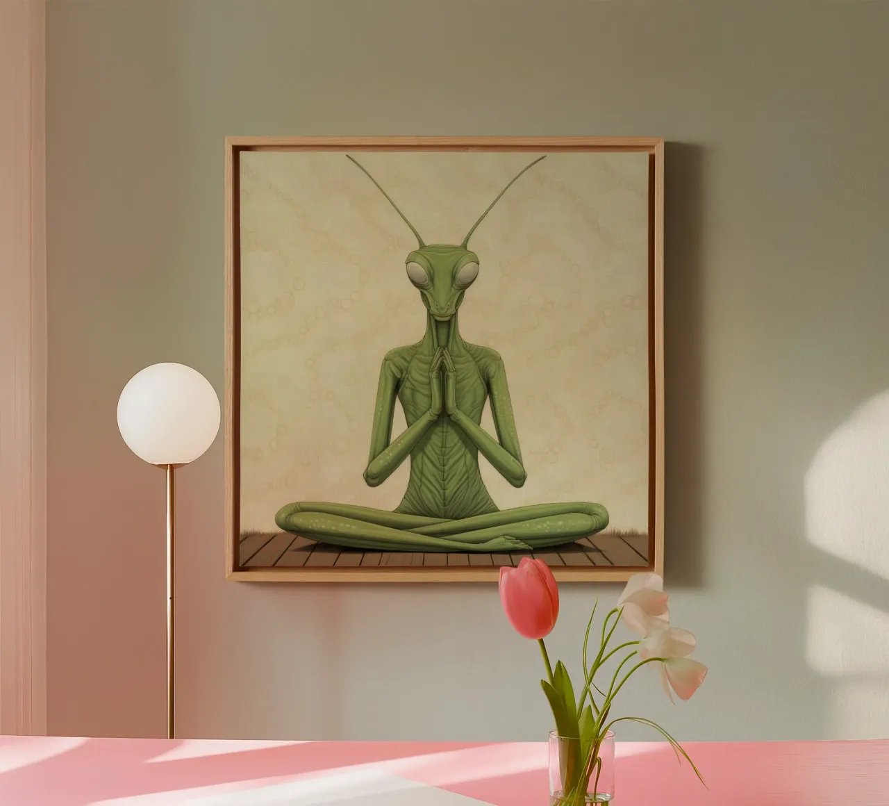 Groene bidsprinkhaan 3 canvas met Baklijst van Minimal Animal Art