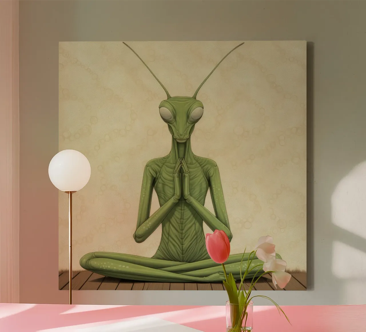 Groene bidsprinkhaan 3 canvas met Baklijst van Minimal Animal Art