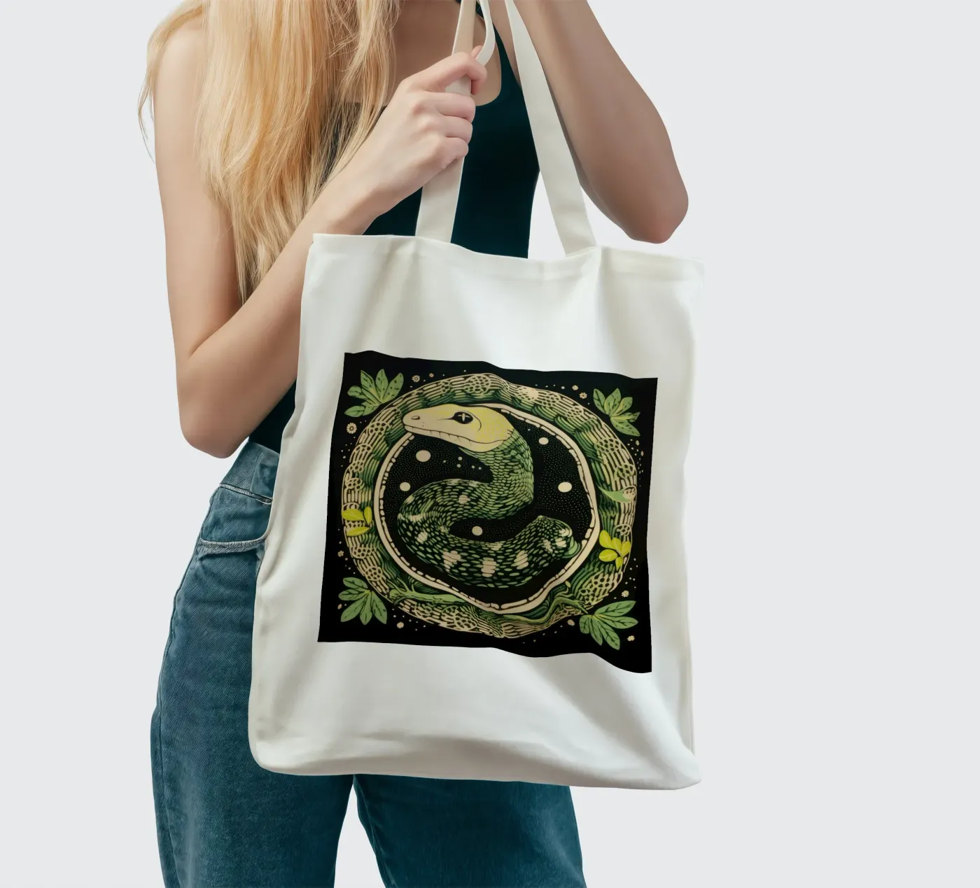 Green Python tote bag by Minimal Animal Art