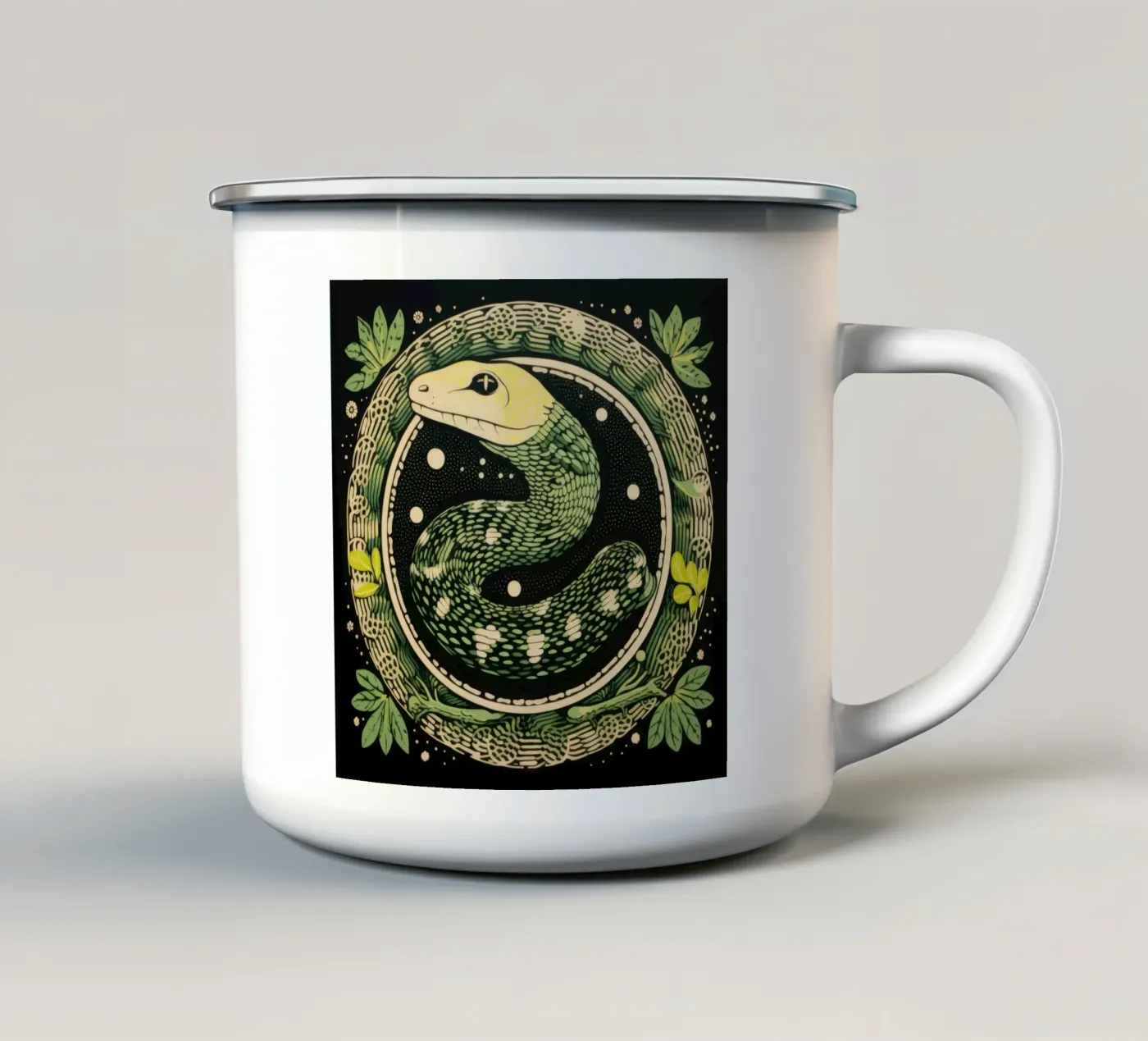 Green Python enamel mug by Minimal Animal Art