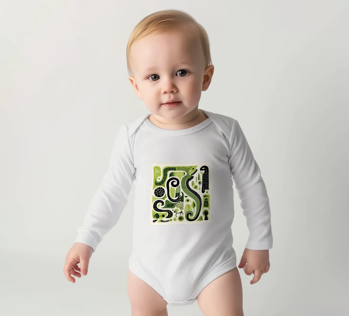 Green Python long-sleeve baby romper by Minimal Animal Art