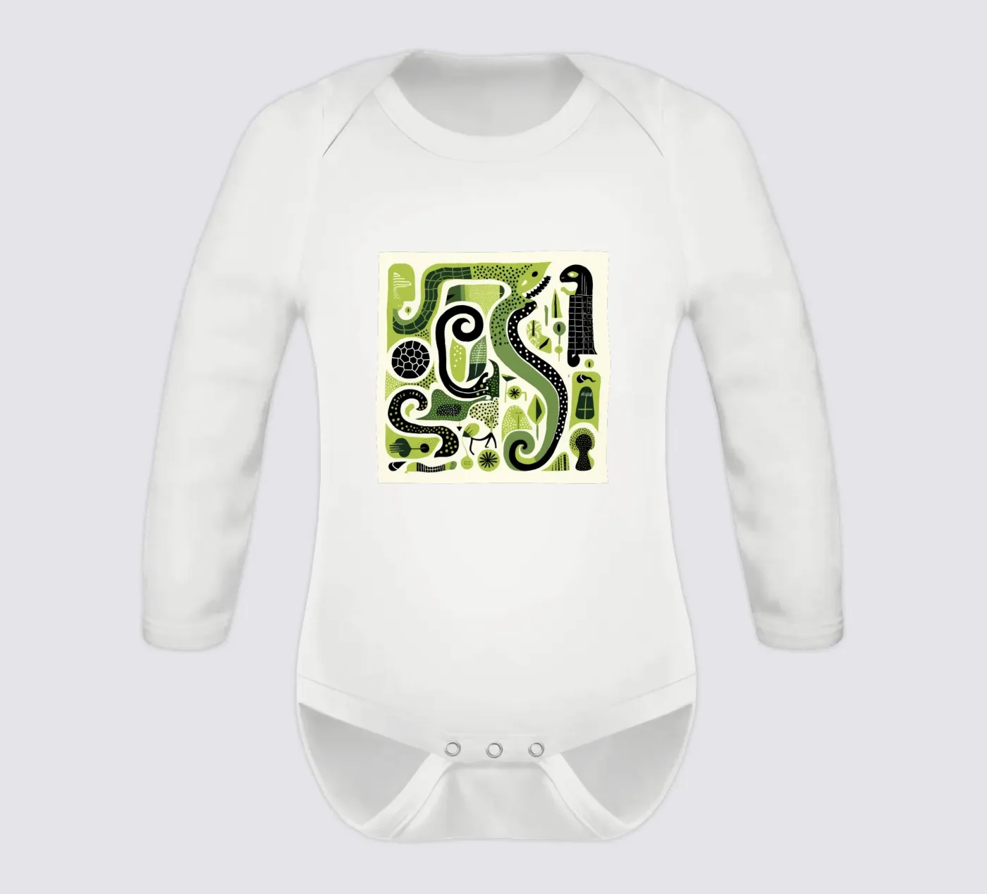 Green Python long-sleeve baby romper by Minimal Animal Art