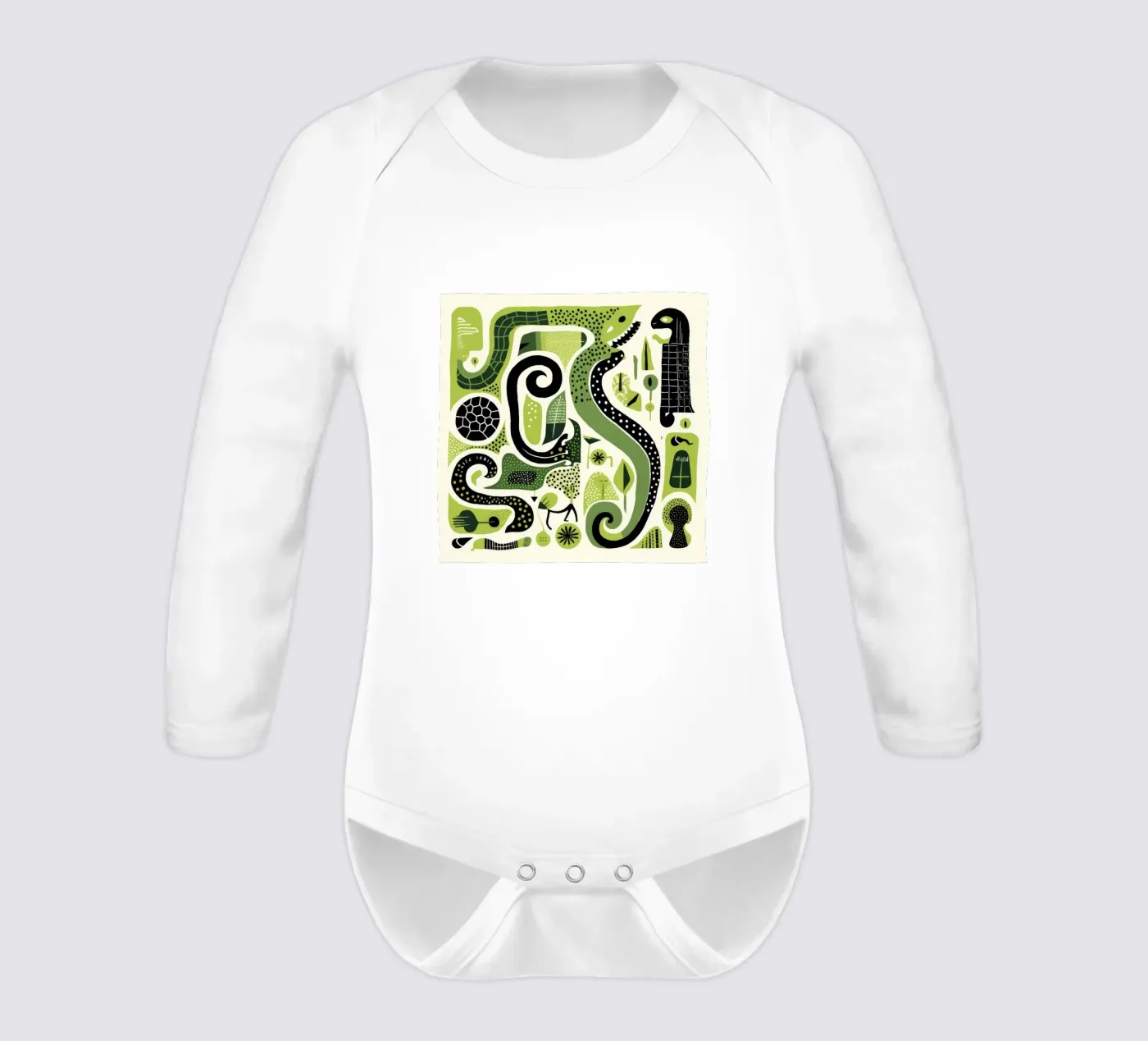 Green Python long-sleeve baby romper by Minimal Animal Art