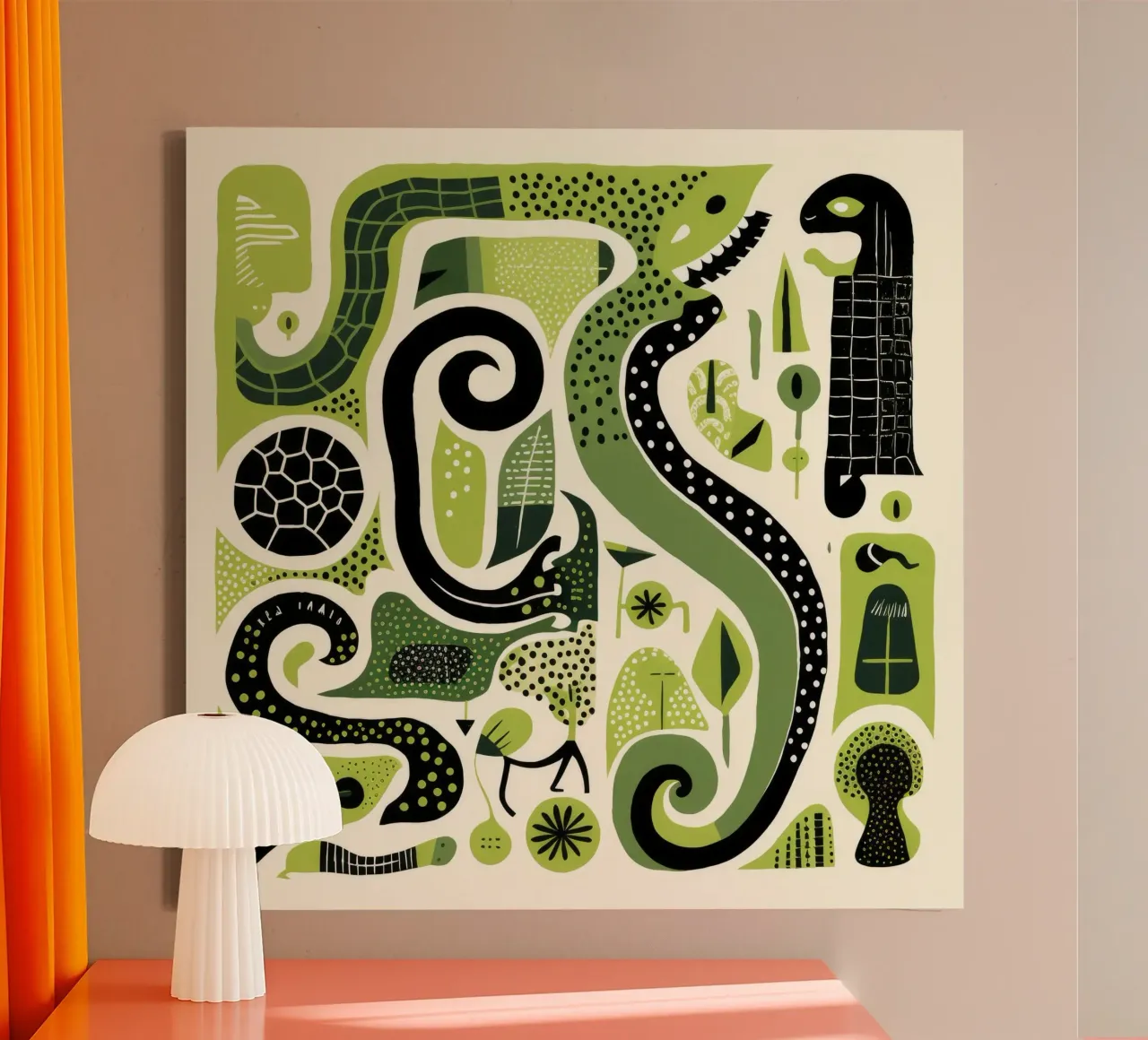 Green Python 4 canvas van Minimal Animal Art