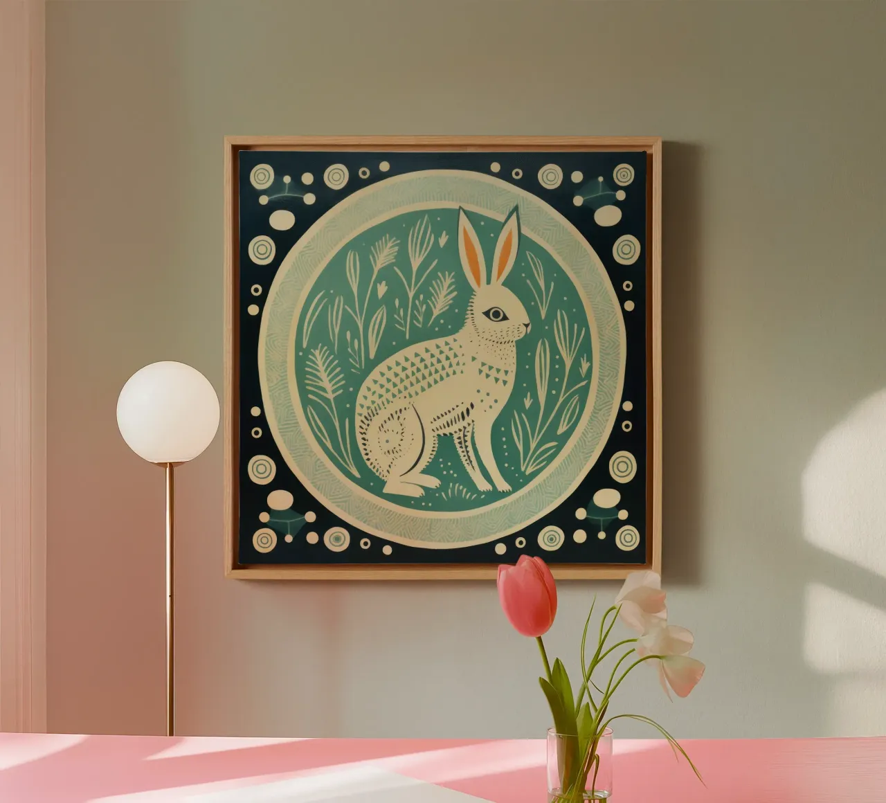 Coniglio verde 4 tela con Cornice a cassetta da Minimal Animal Art