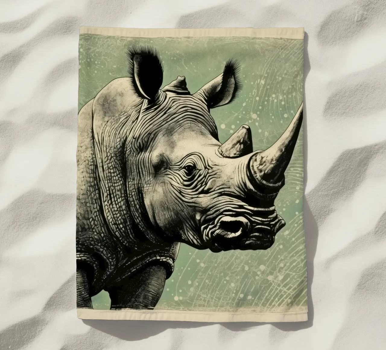 Green Rhino 4 beach towel by Minimal Animal Art