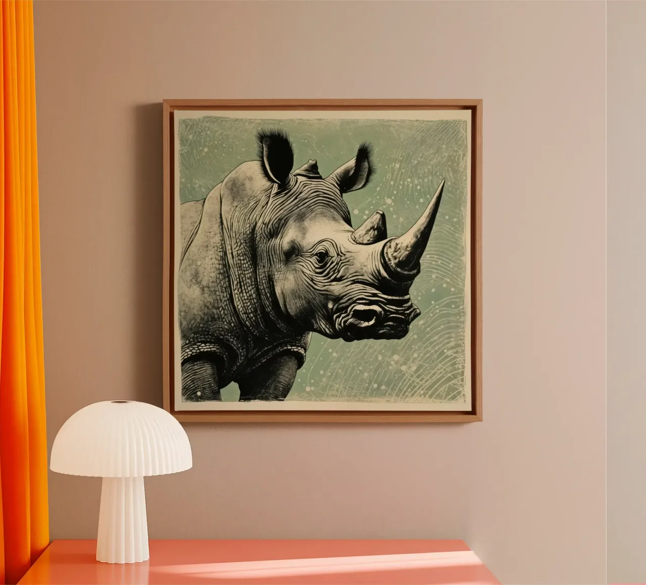 Groene neushoorn 4 canvas met Baklijst van Minimal Animal Art