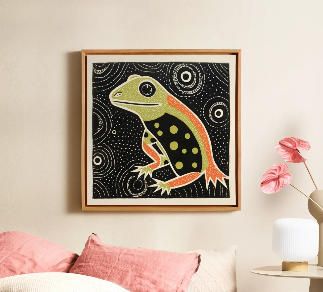 Groene salamander 1 canvas met Baklijst van Minimal Animal Art