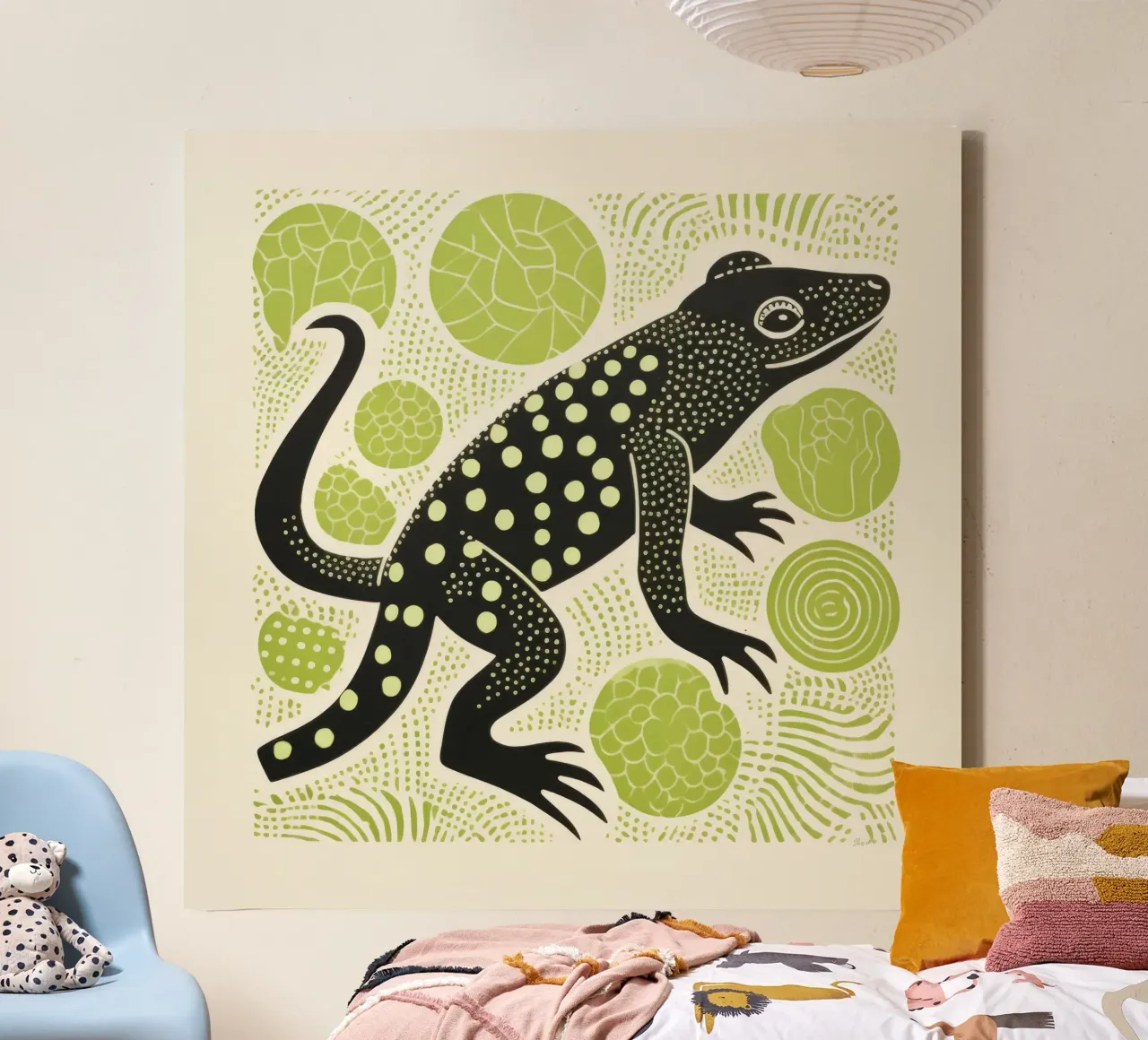 Groene salamander 2 canvas met Baklijst van Minimal Animal Art