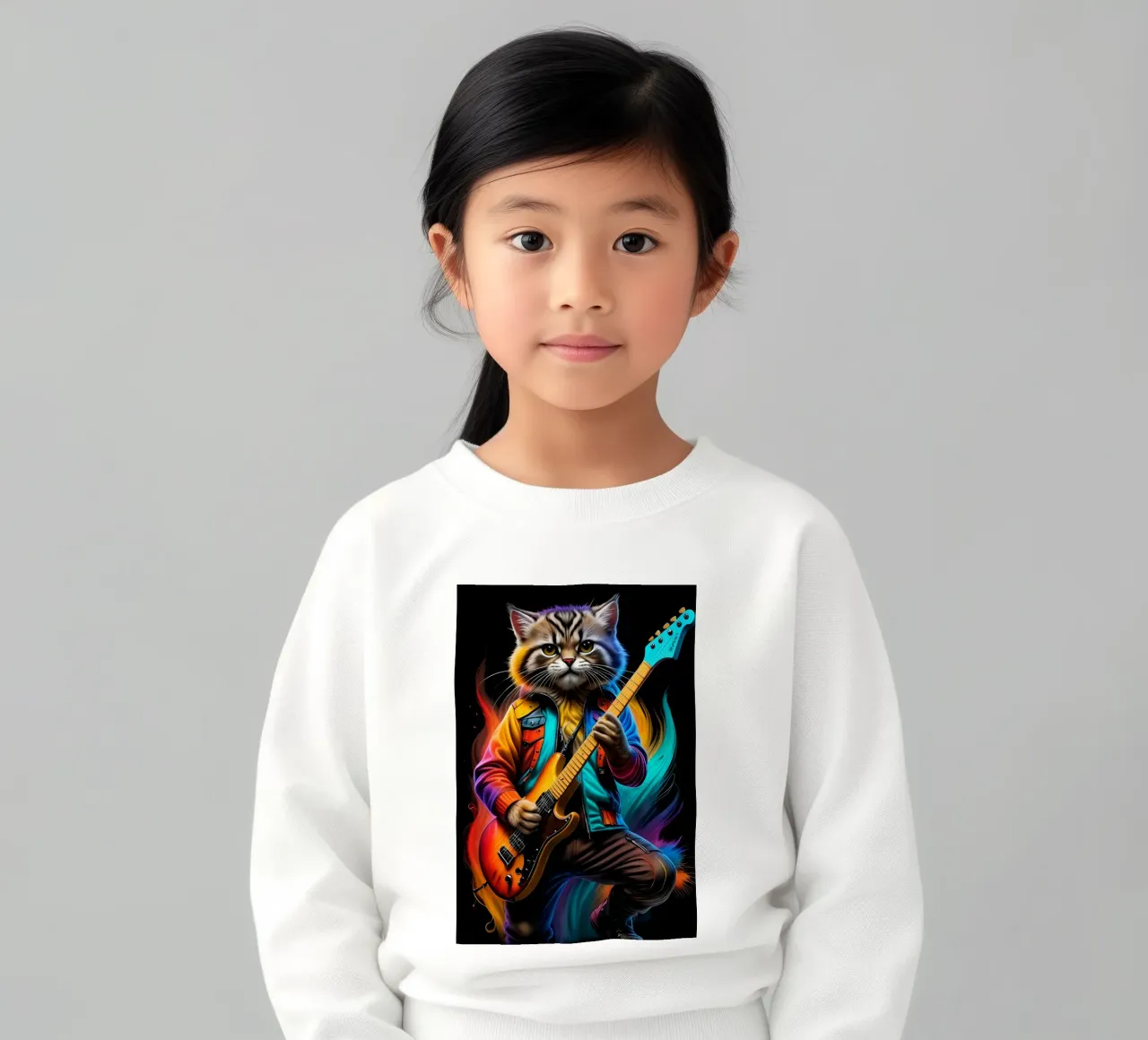 Cat with guitar neon kids sweatshirt by MakArena