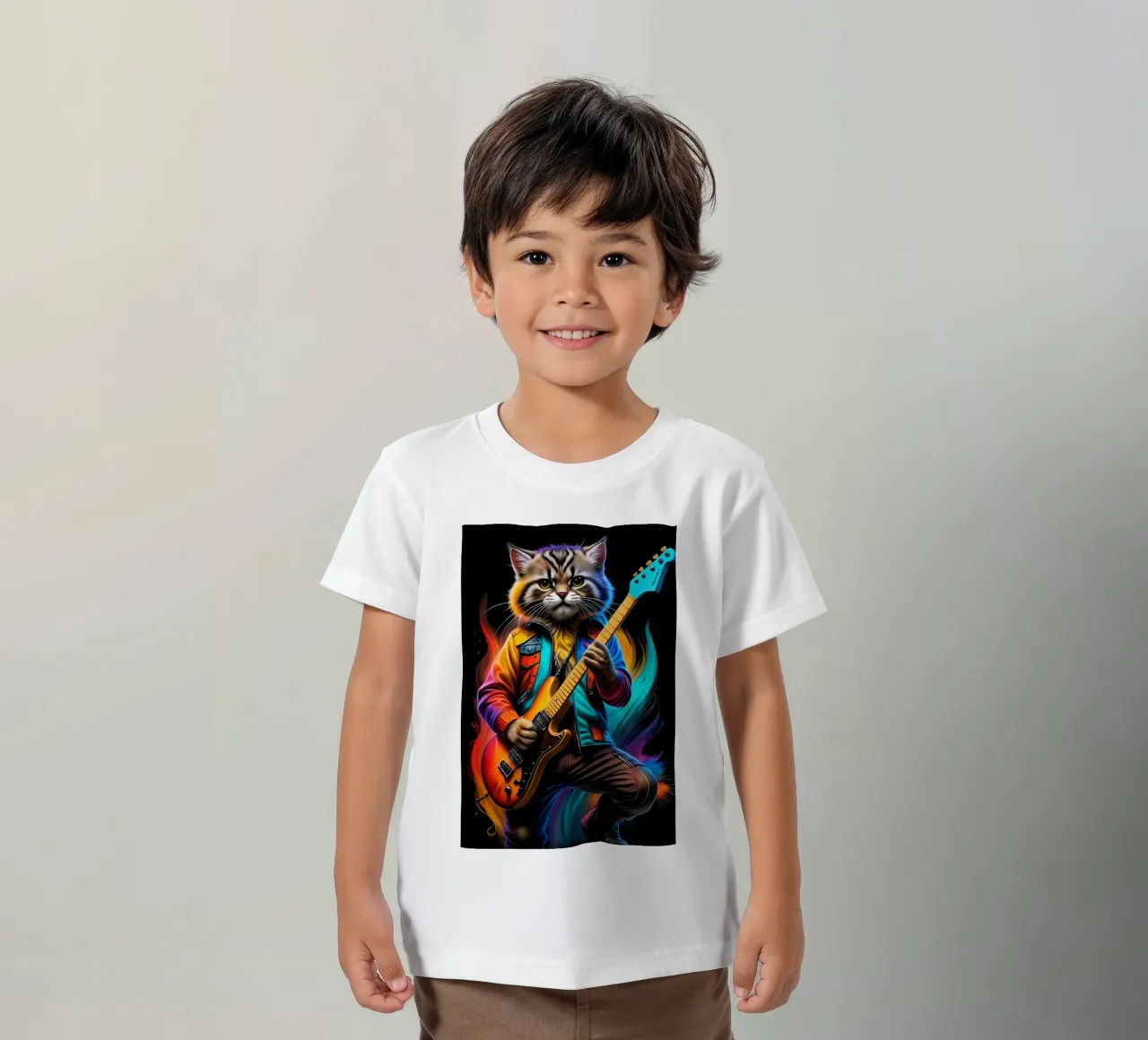 Cat with guitar neon kids t-shirt by MakArena