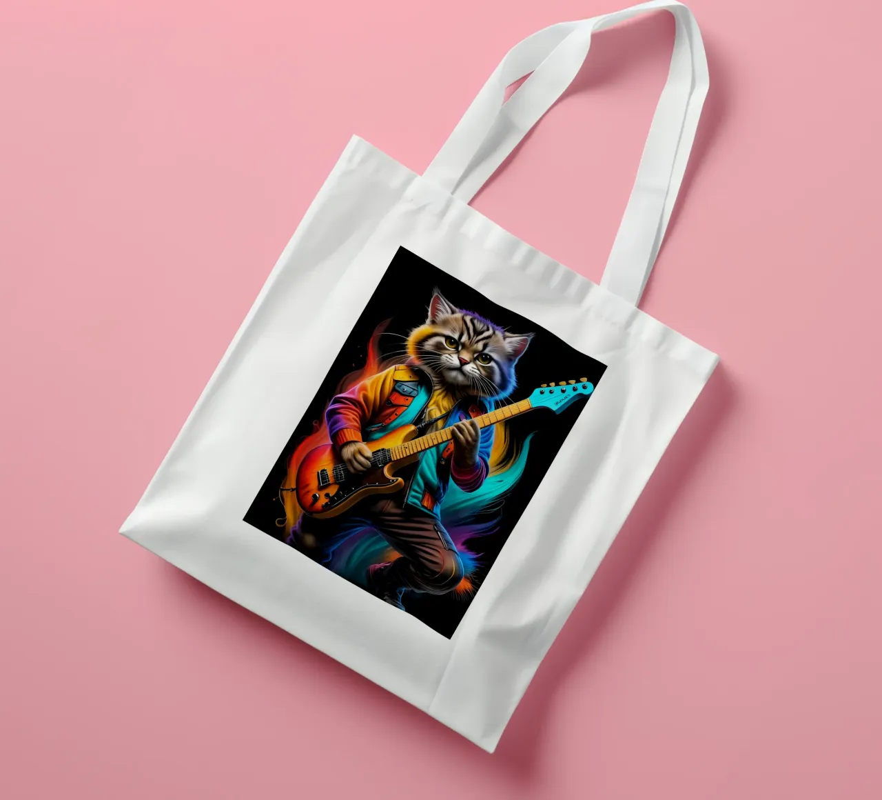 Cat with guitar neon tote bag by MakArena