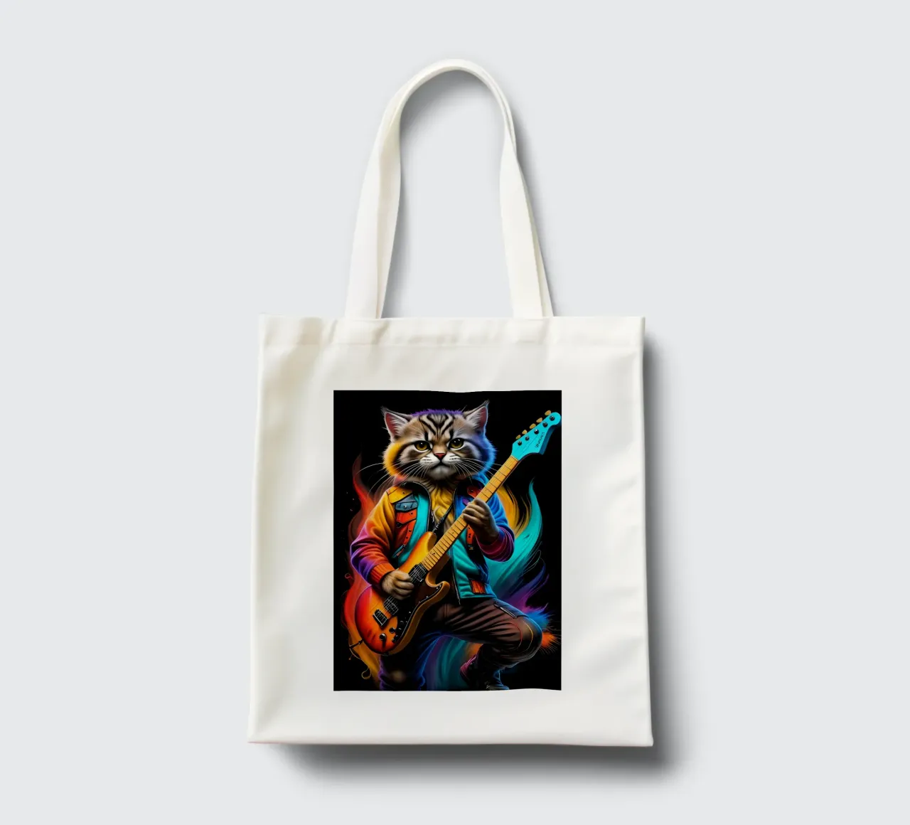 Cat with guitar neon tote bag by MakArena