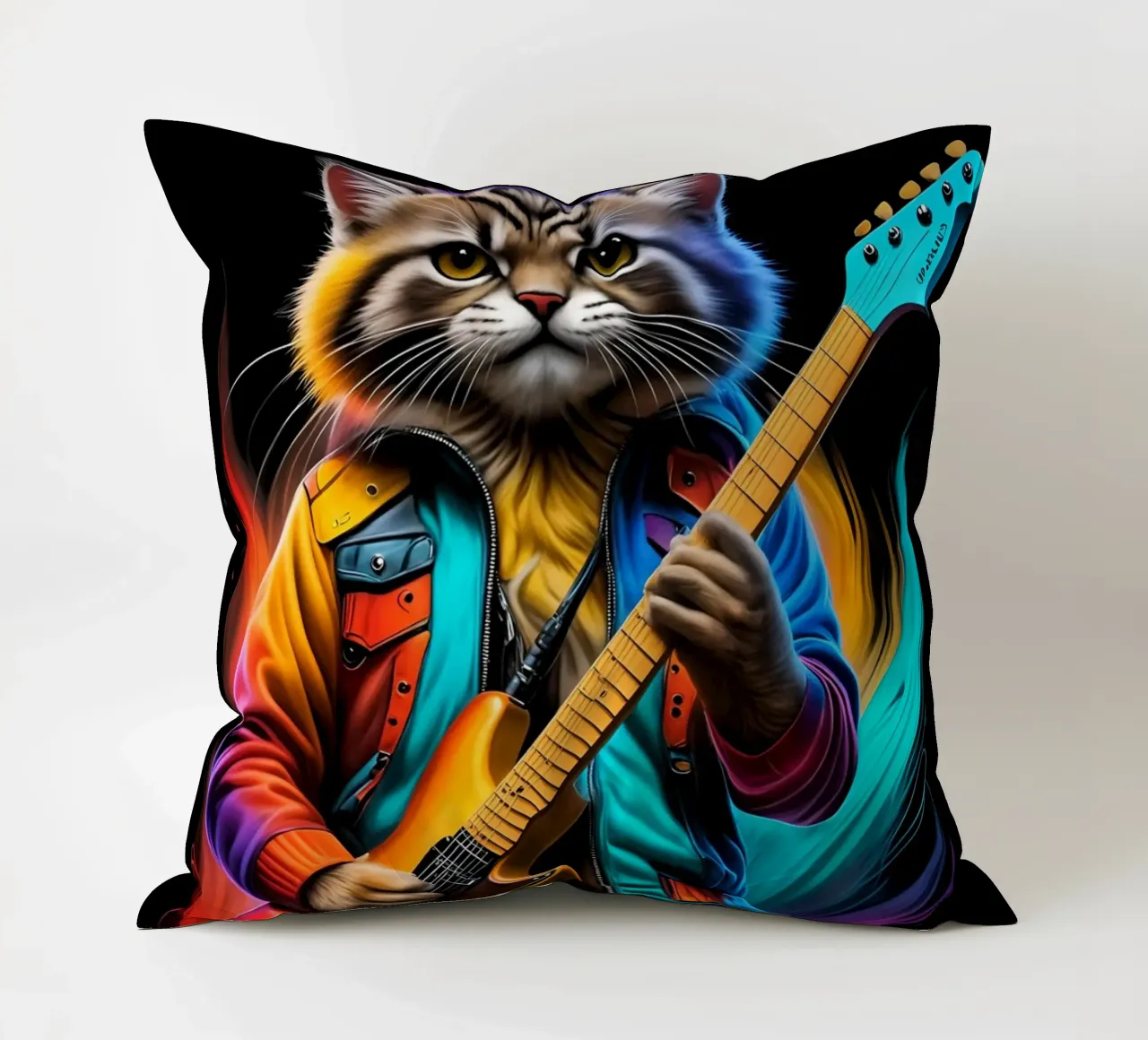 Cat with guitar neon decorative cushion by MakArena