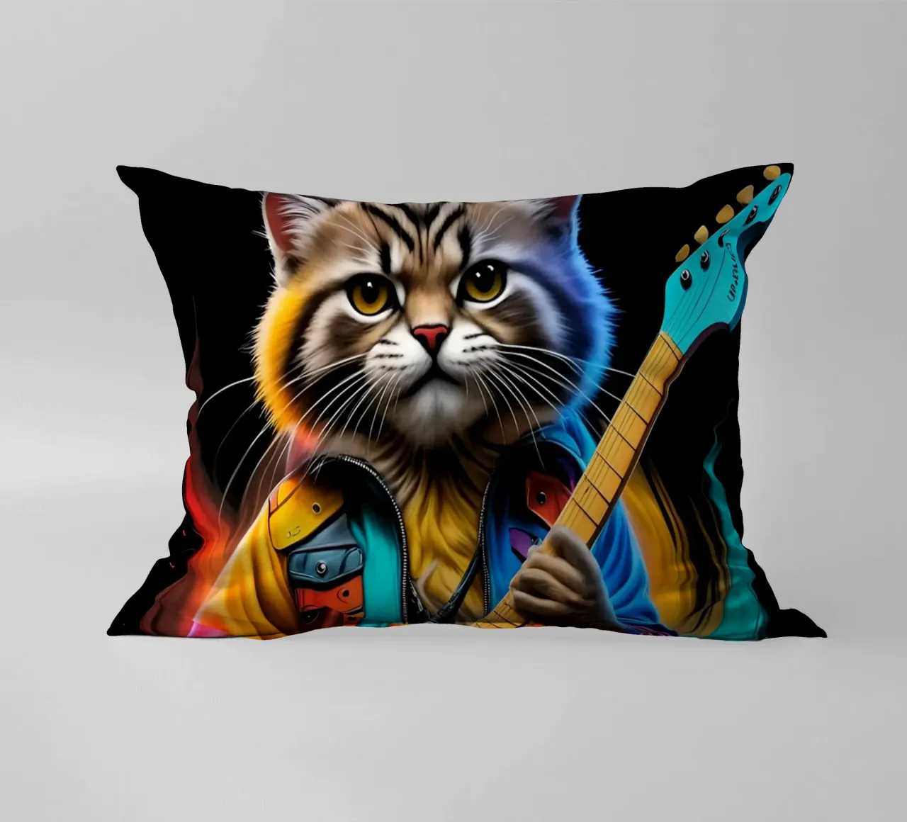 Cat with guitar neon decorative cushion by MakArena
