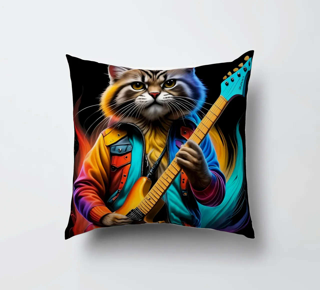 Cat with guitar neon decorative cushion by MakArena