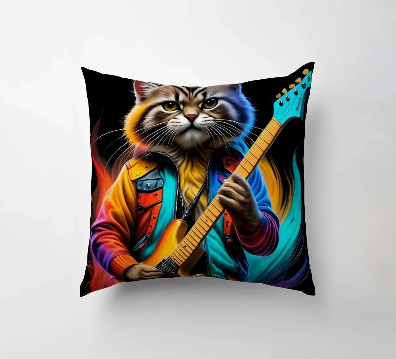 Cat with guitar neon decorative cushion by MakArena