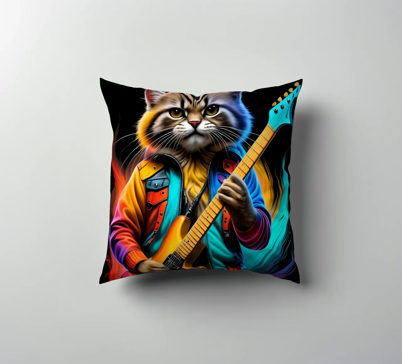 Cat with guitar neon decorative cushion by MakArena