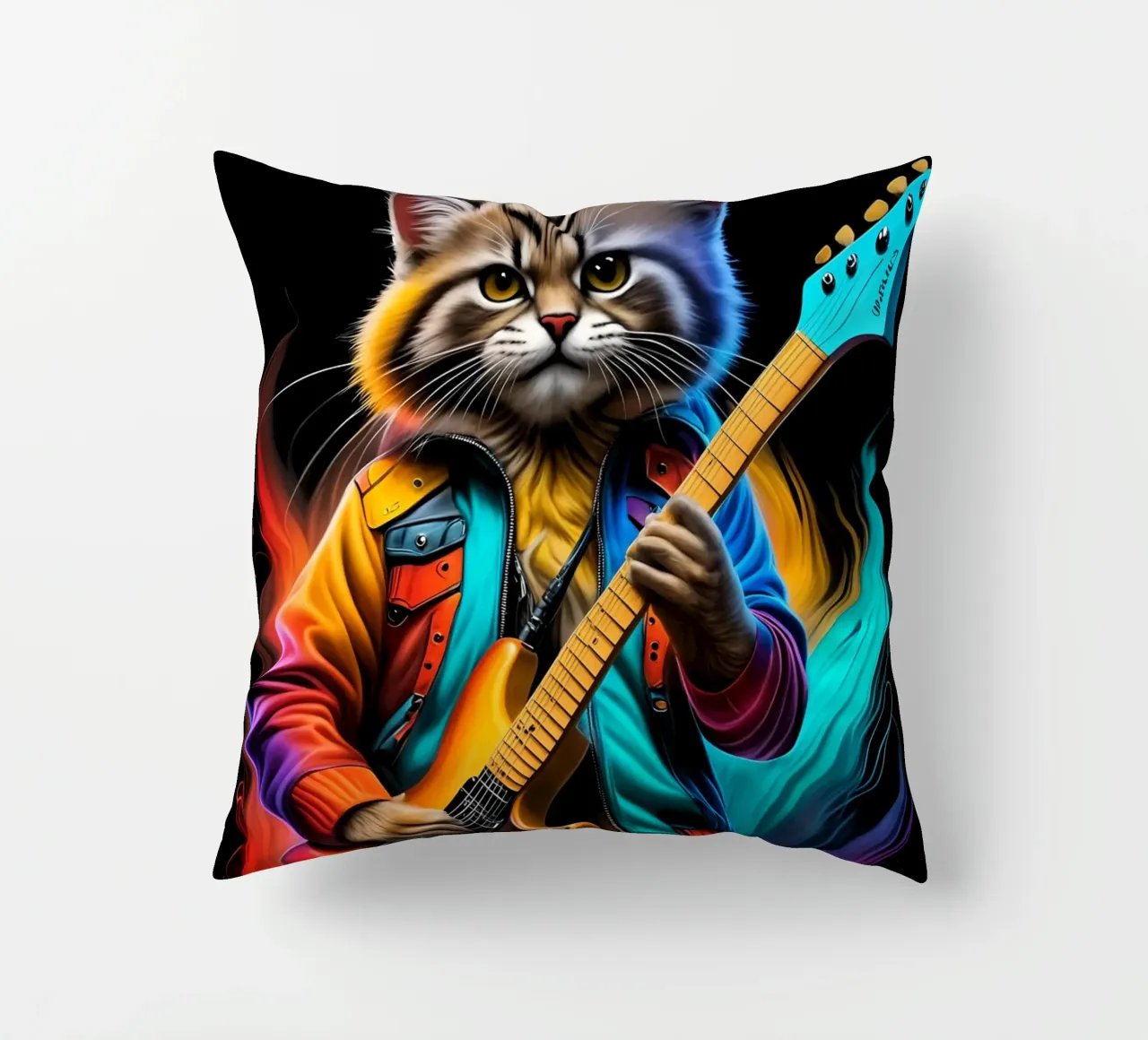 Cat with guitar neon decorative cushion by MakArena
