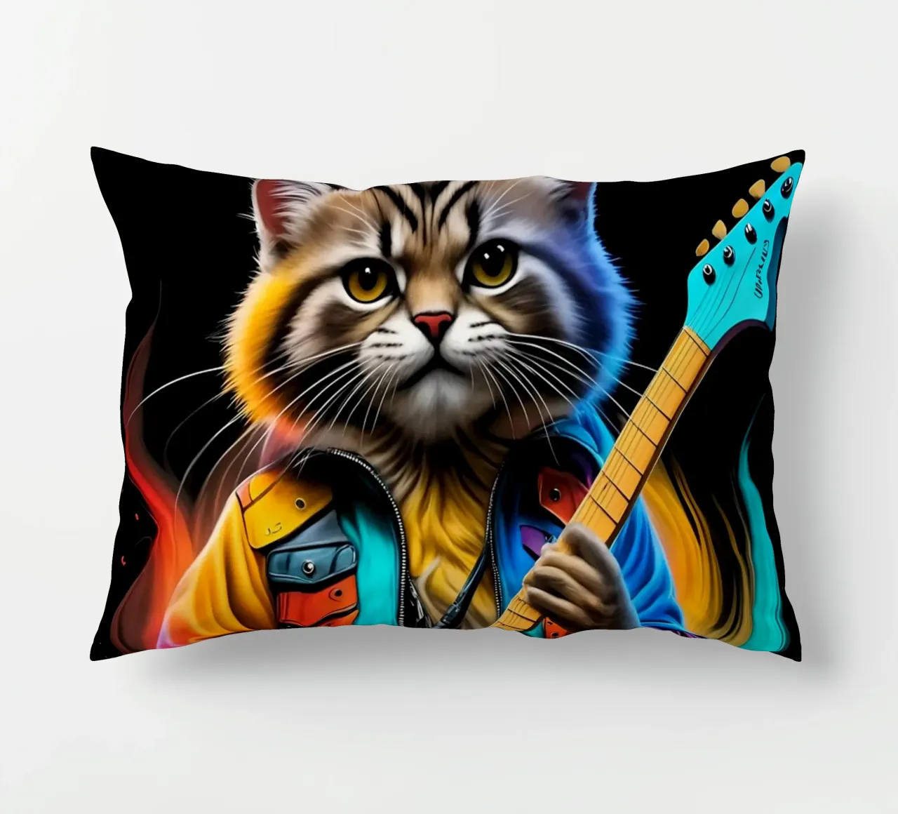 Cat with guitar neon decorative cushion by MakArena
