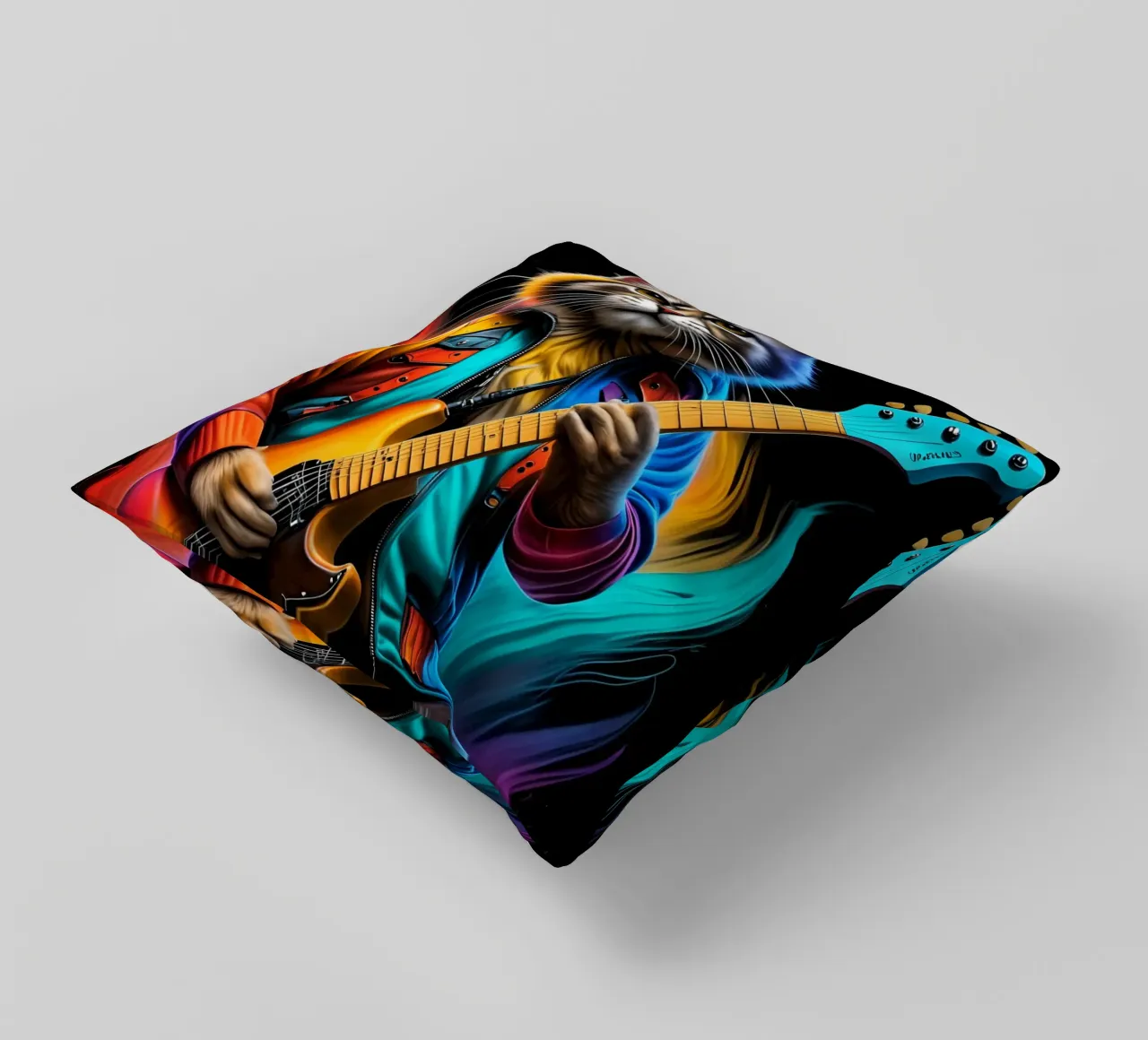 Cat with guitar neon decorative cushion by MakArena