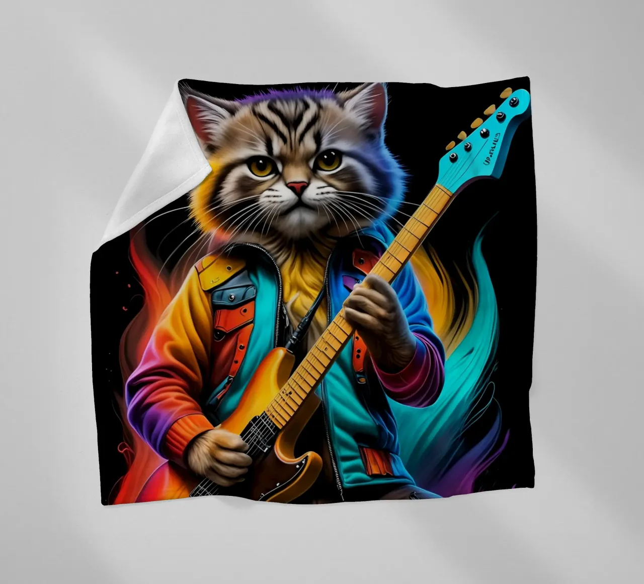 Cat with guitar neon fleece blanket by MakArena
