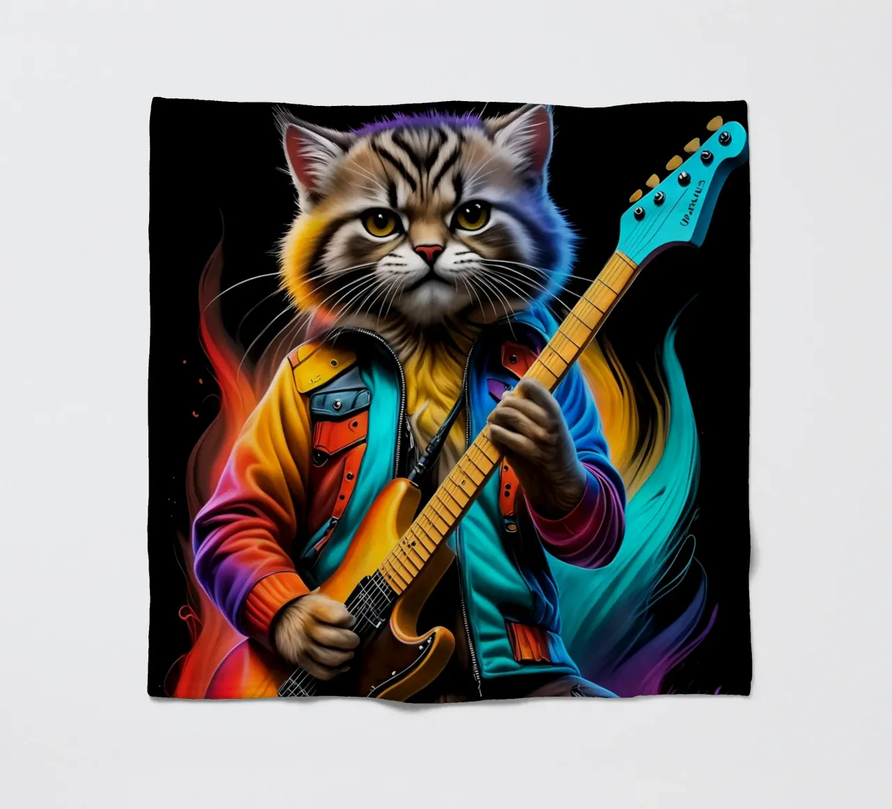 Cat with guitar neon fleece blanket by MakArena