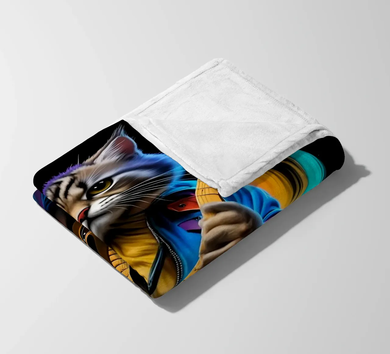 Cat with guitar neon fleece blanket by MakArena