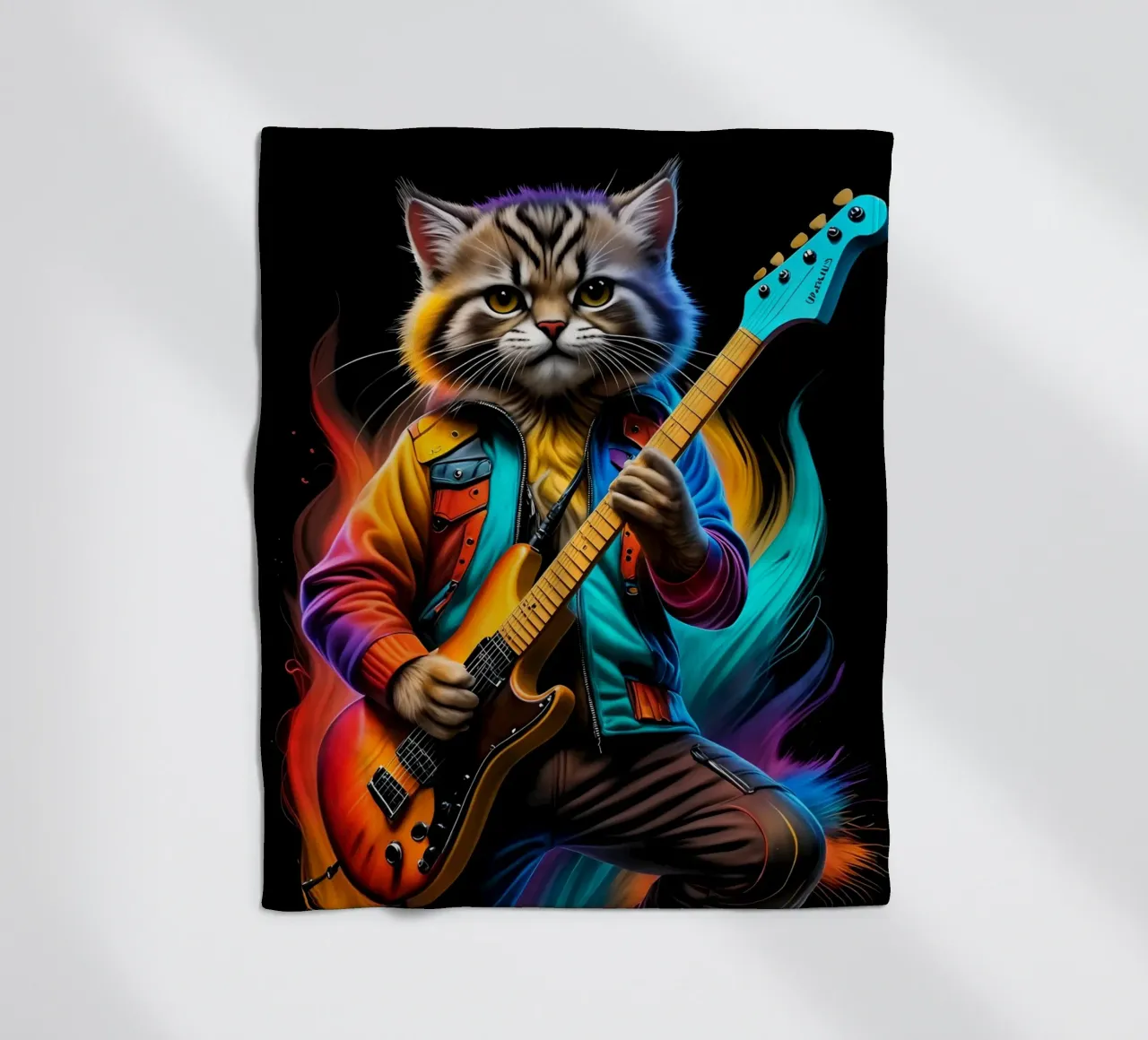 Cat with guitar neon fleece blanket by MakArena