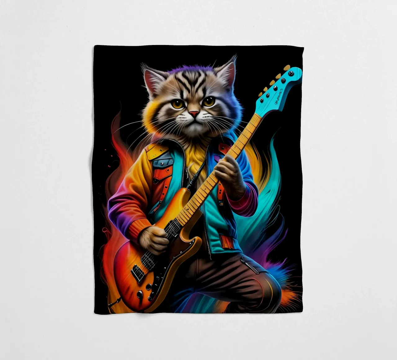 Cat with guitar neon fleece blanket by MakArena