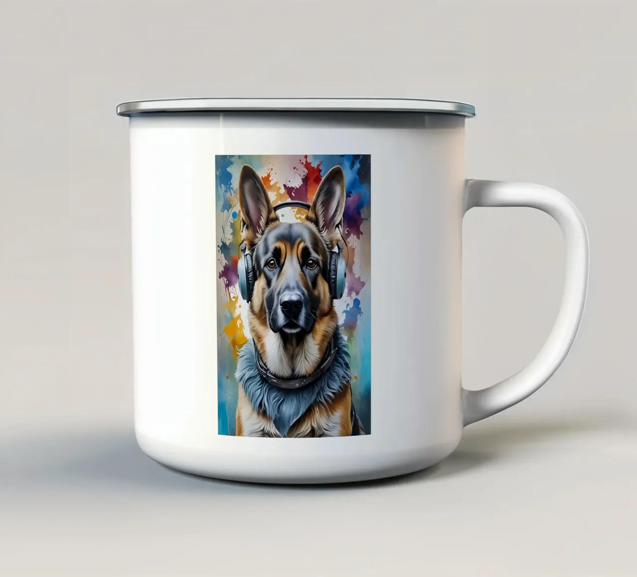 Pastore tedesco con le cuffie tazza in smalto da MakArena