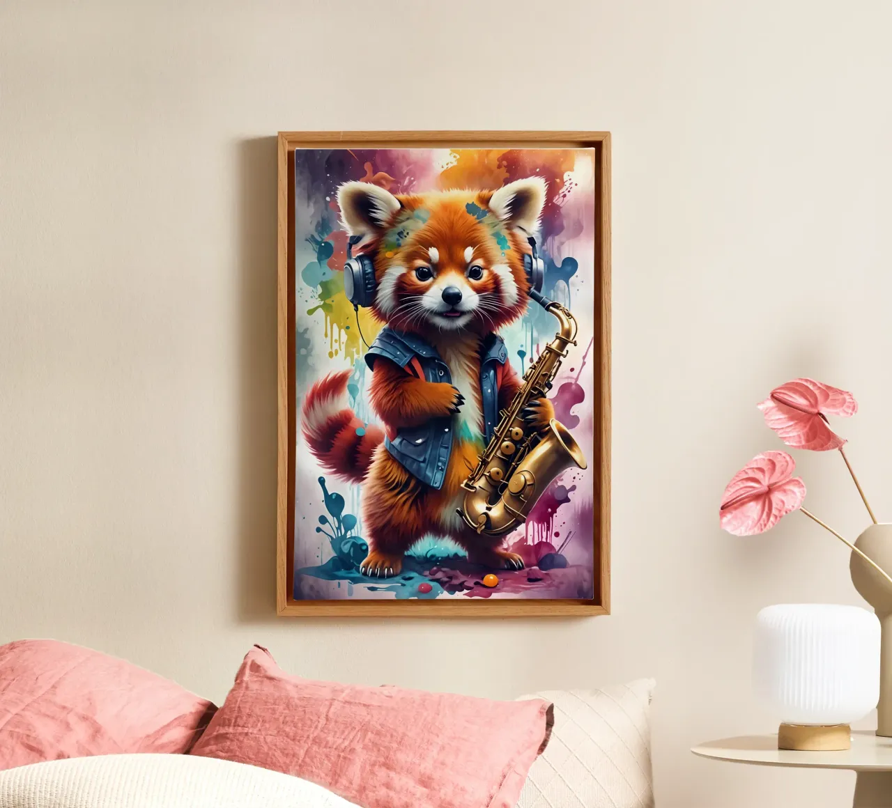 Red panda with saxophone music canvas with Floater frame by MakArena