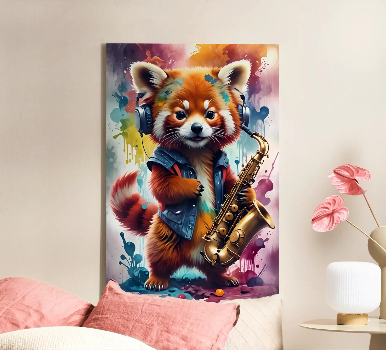 Red panda with saxophone music canvas with Floater frame by MakArena