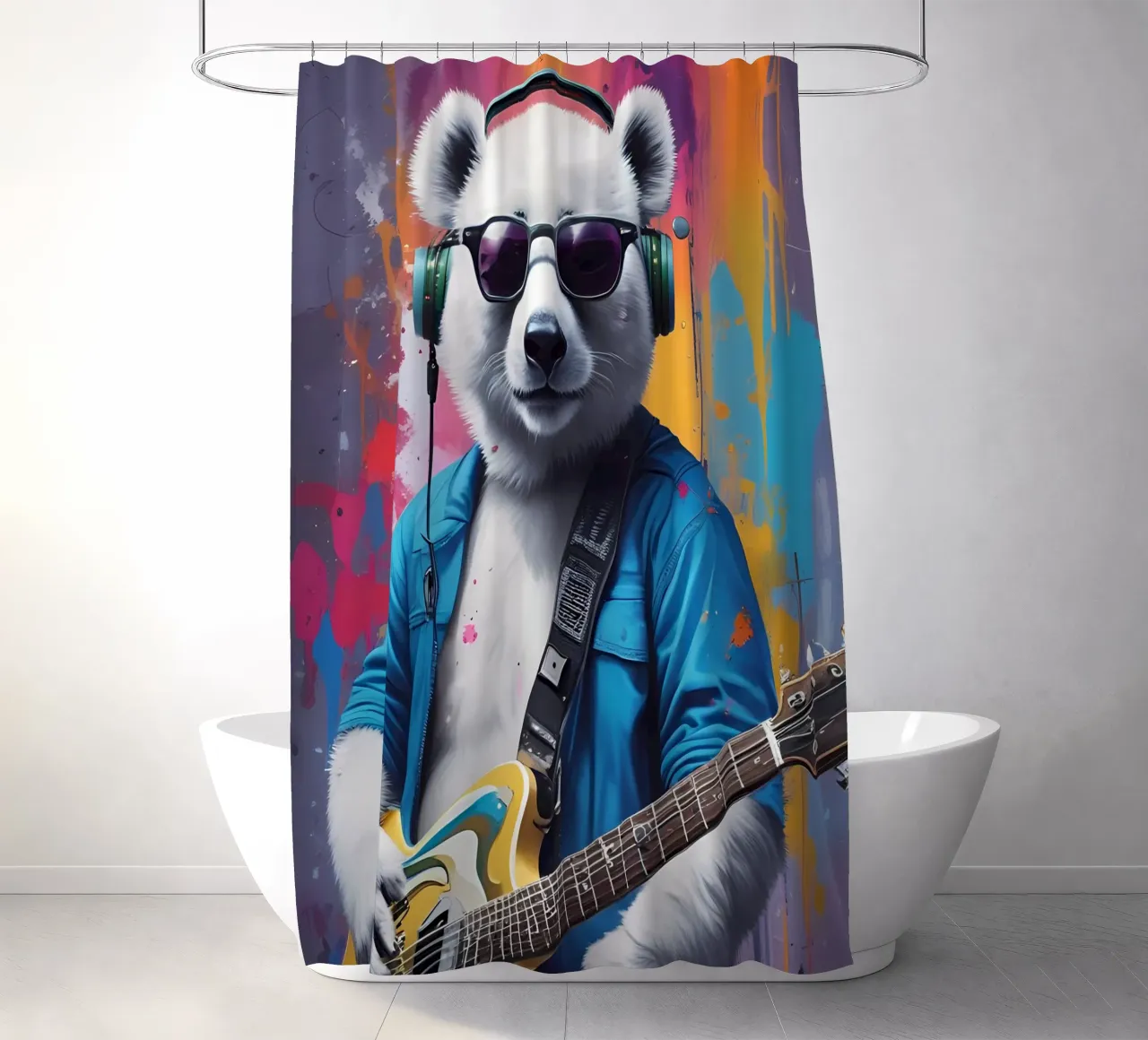 Panda bianco con chitarra tenda da doccia da MakArena