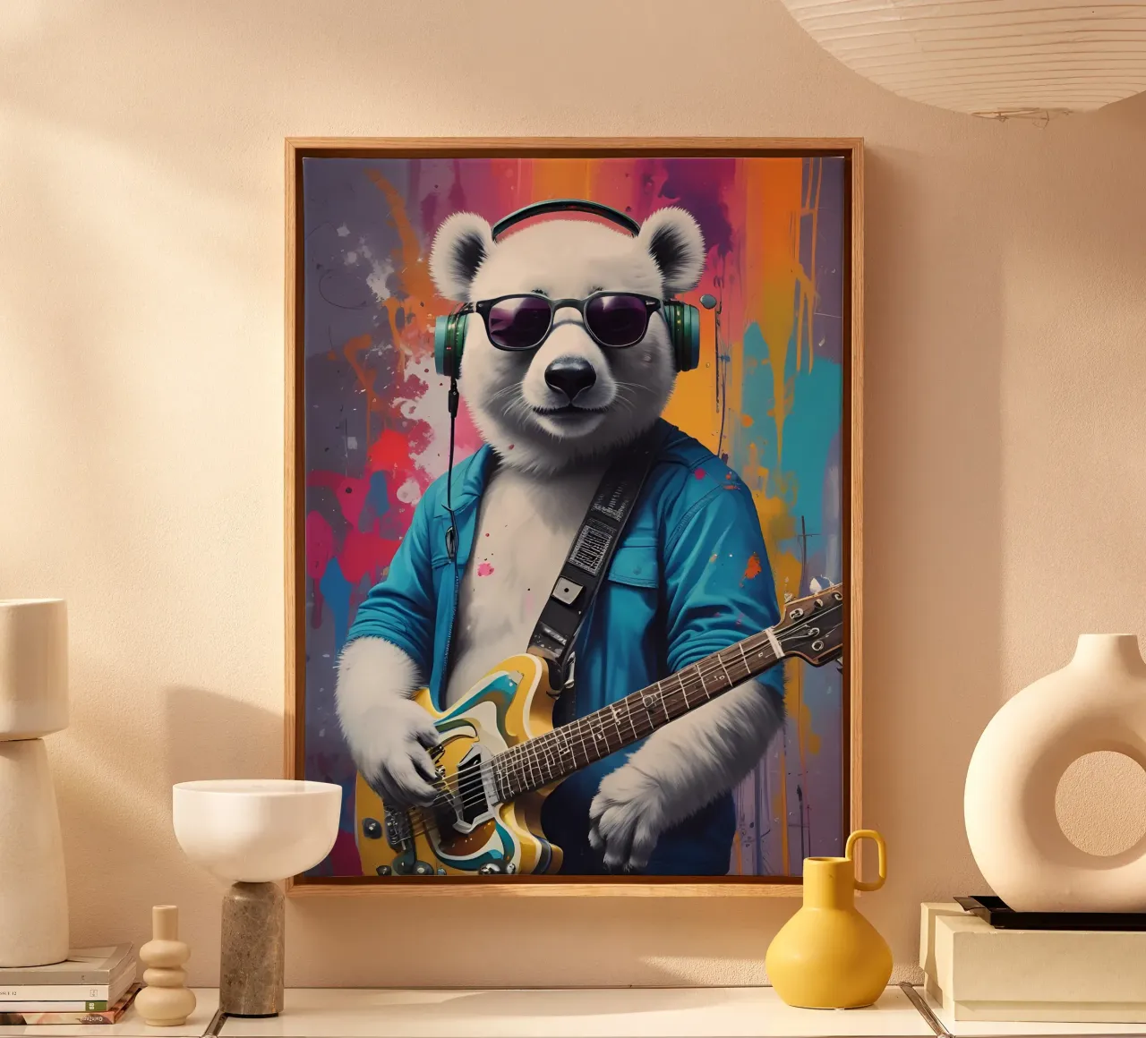 Panda bianco con chitarra tela con Cornice a cassetta da MakArena