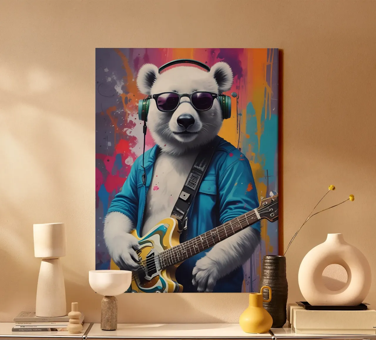 Panda bianco con chitarra tela con Cornice a cassetta da MakArena