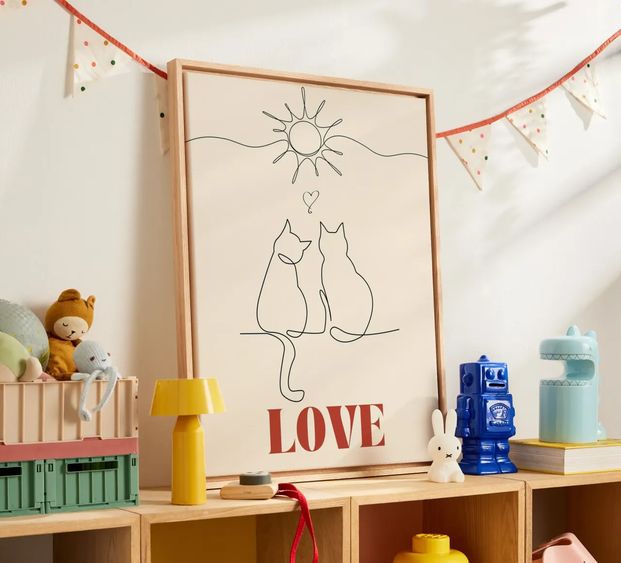 Amore - simpatico gatto line art tela con Cornice a cassetta da Happy Mind Art