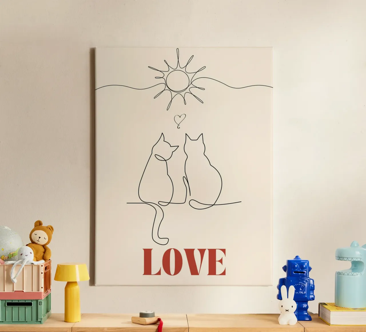 Amore - simpatico gatto line art tela con Cornice a cassetta da Happy Mind Art
