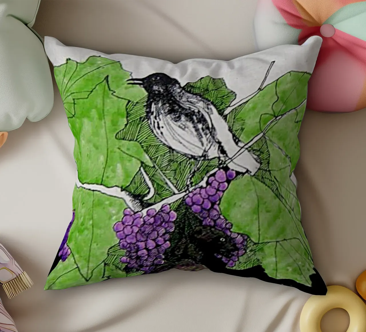 Bird perches on a branch with grapes cuscino da edsonramosart