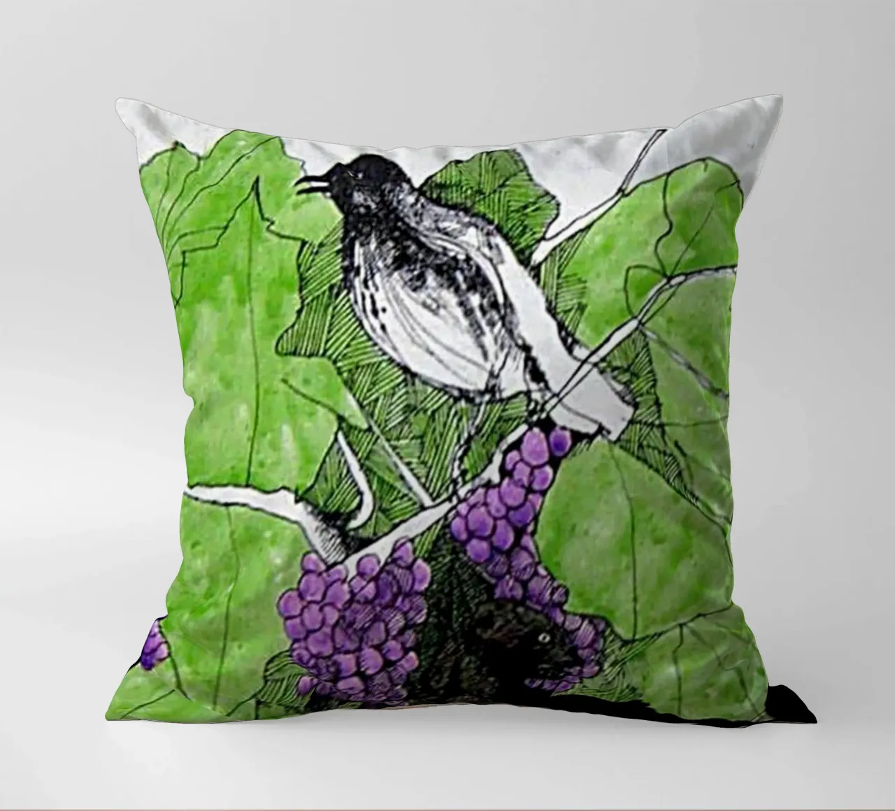 Bird perches on a branch with grapes cuscino da edsonramosart