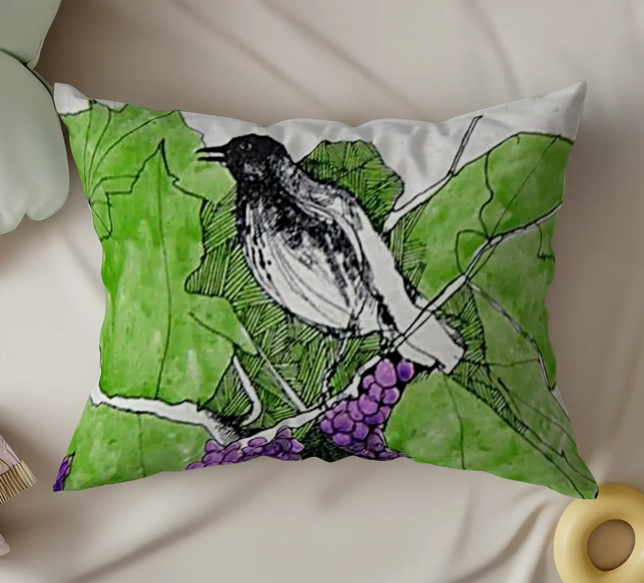 Bird perches on a branch with grapes cuscino da edsonramosart