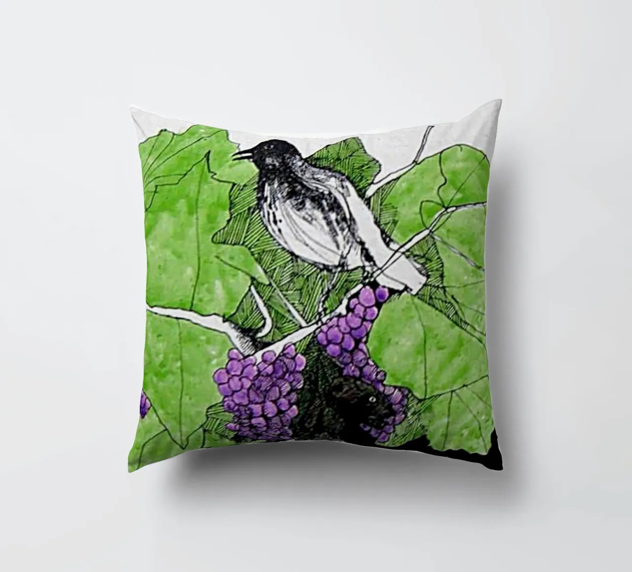 Bird perches on a branch with grapes cuscino da edsonramosart