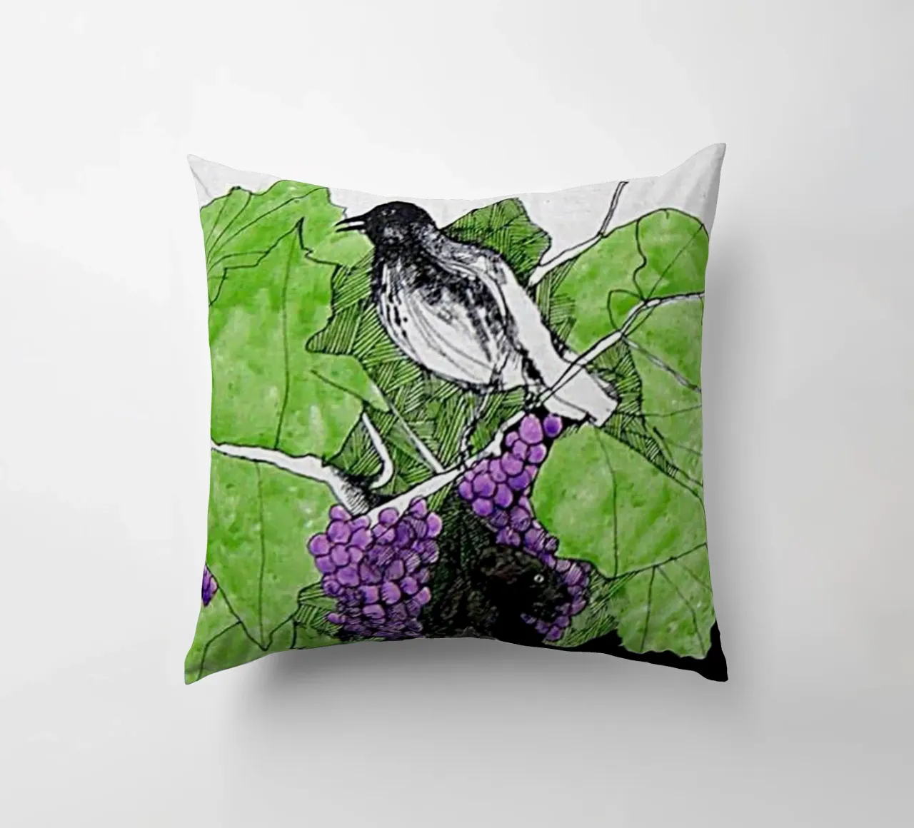 Bird perches on a branch with grapes cuscino da edsonramosart