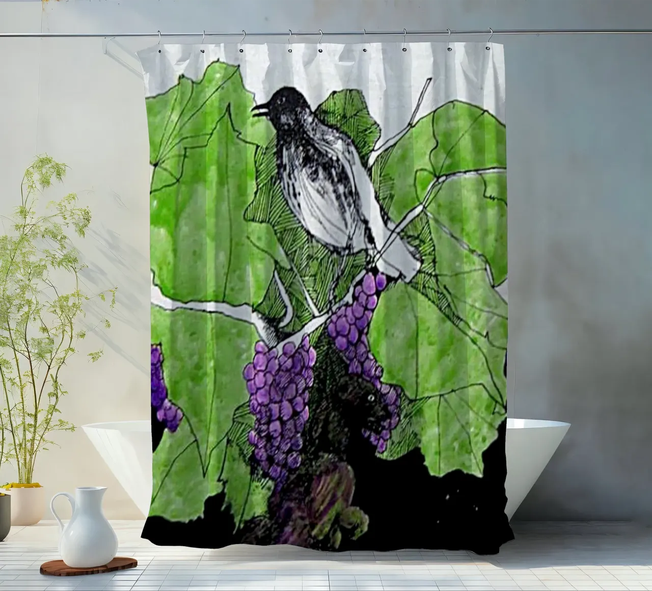 Bird perches on a branch with grapes tenda da doccia da edsonramosart