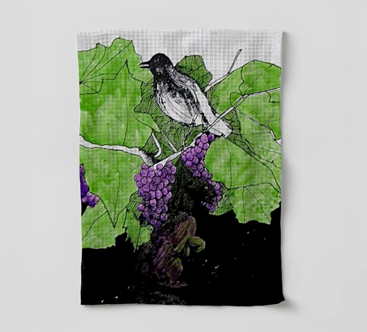 Bird perches on a branch with grapes torchon de edsonramosart