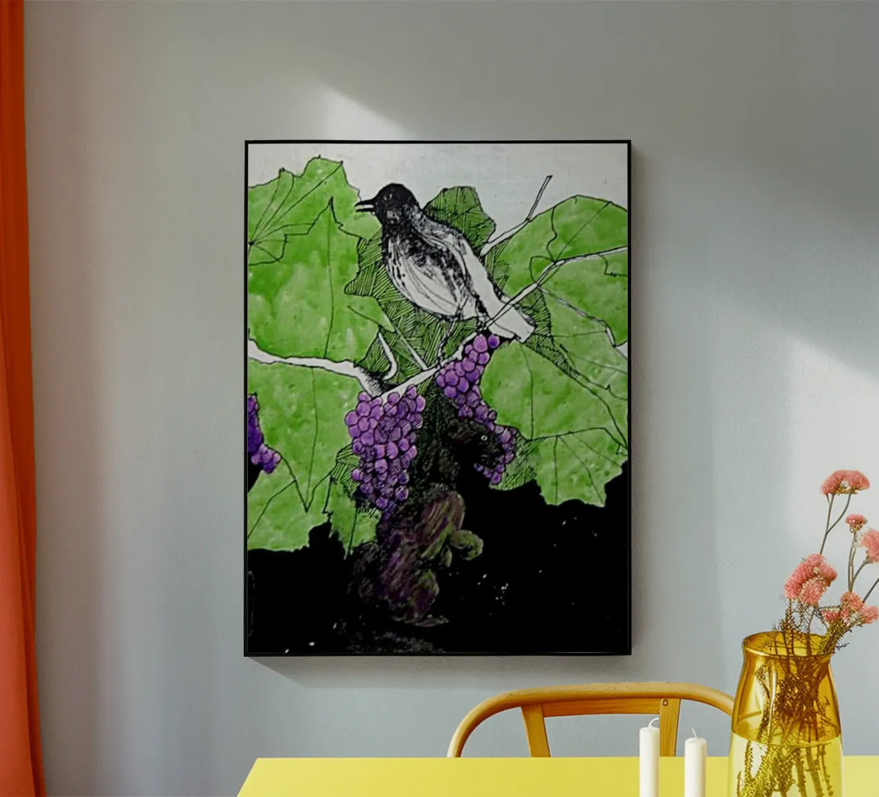 Bird perches on a branch with grapes plexiglass da edsonramosart