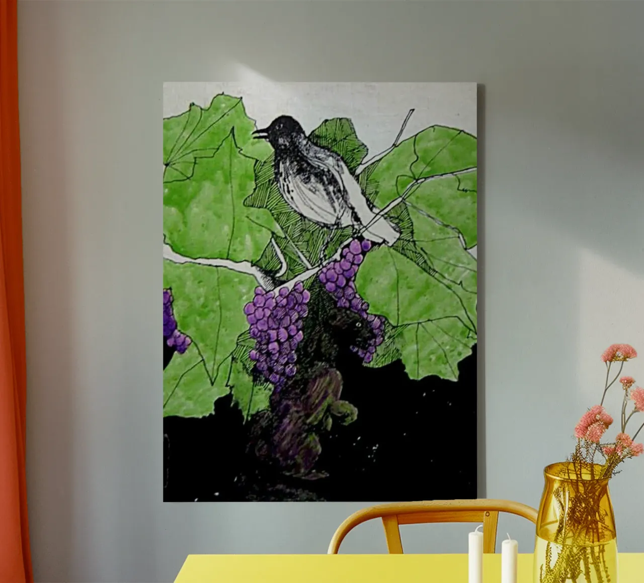 Bird perches on a branch with grapes tela da edsonramosart